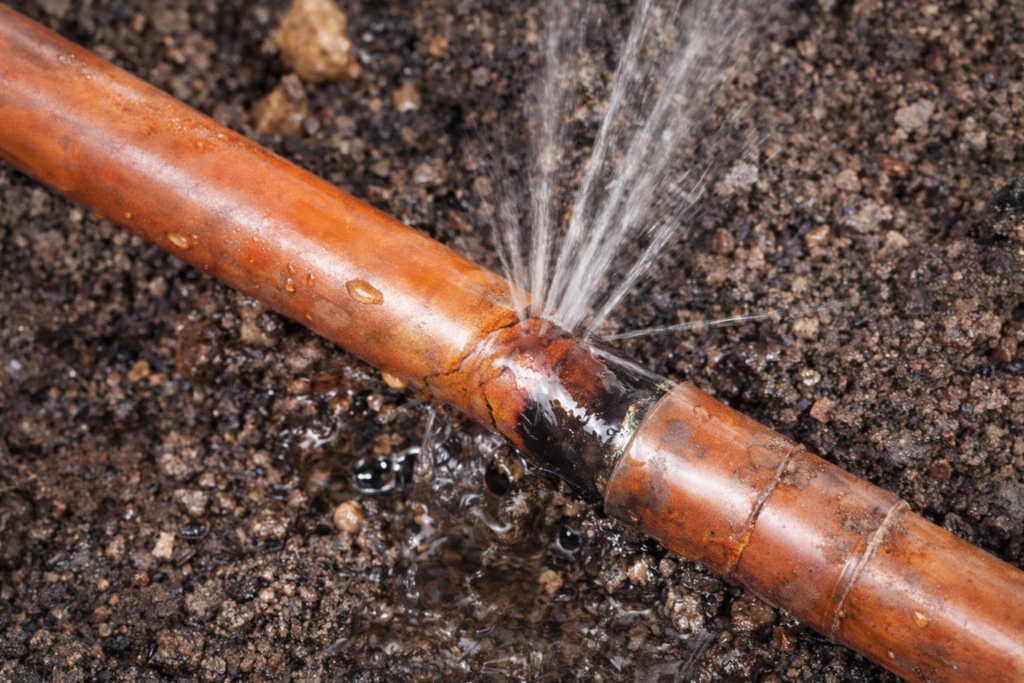 bursted copper water pipe Burst copper water pipe leaking under ground causing active water damage