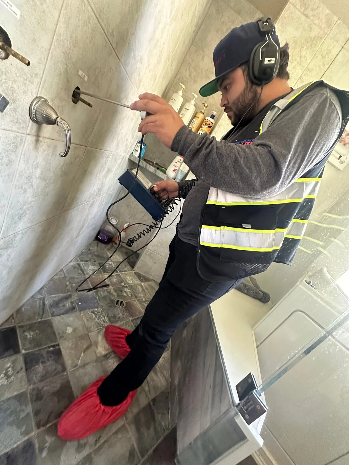 Technician completing pipe access and repair work