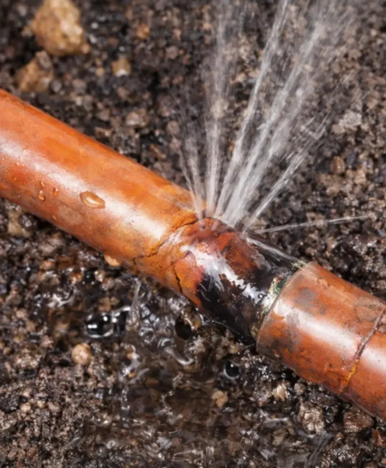 Burst copper water pipe requiring professional repair